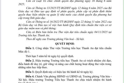 Quyết định công nhận thư viện chuẩn trường Tiểu học Thanh An